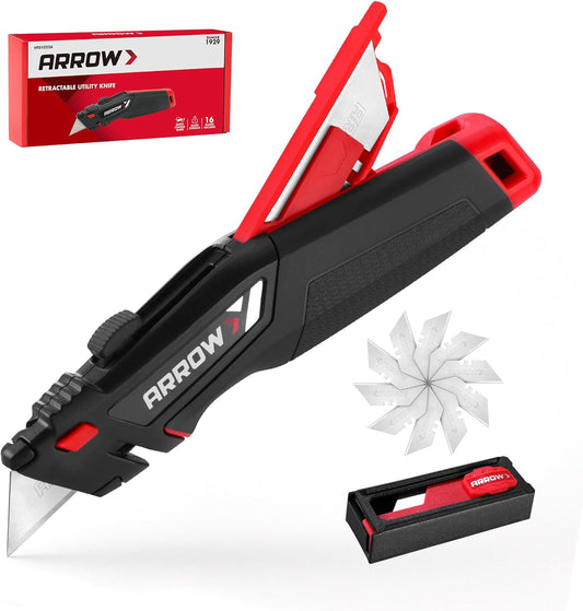 ARROW Retractable Utility Knife, Quick Change Box Cutter with 15 Blades | Blade Storage Design, Twine Cutter, Aluminum Body, TPE Grip, Heavy Duty Razor Knife, Shipping, DIY, Crafts