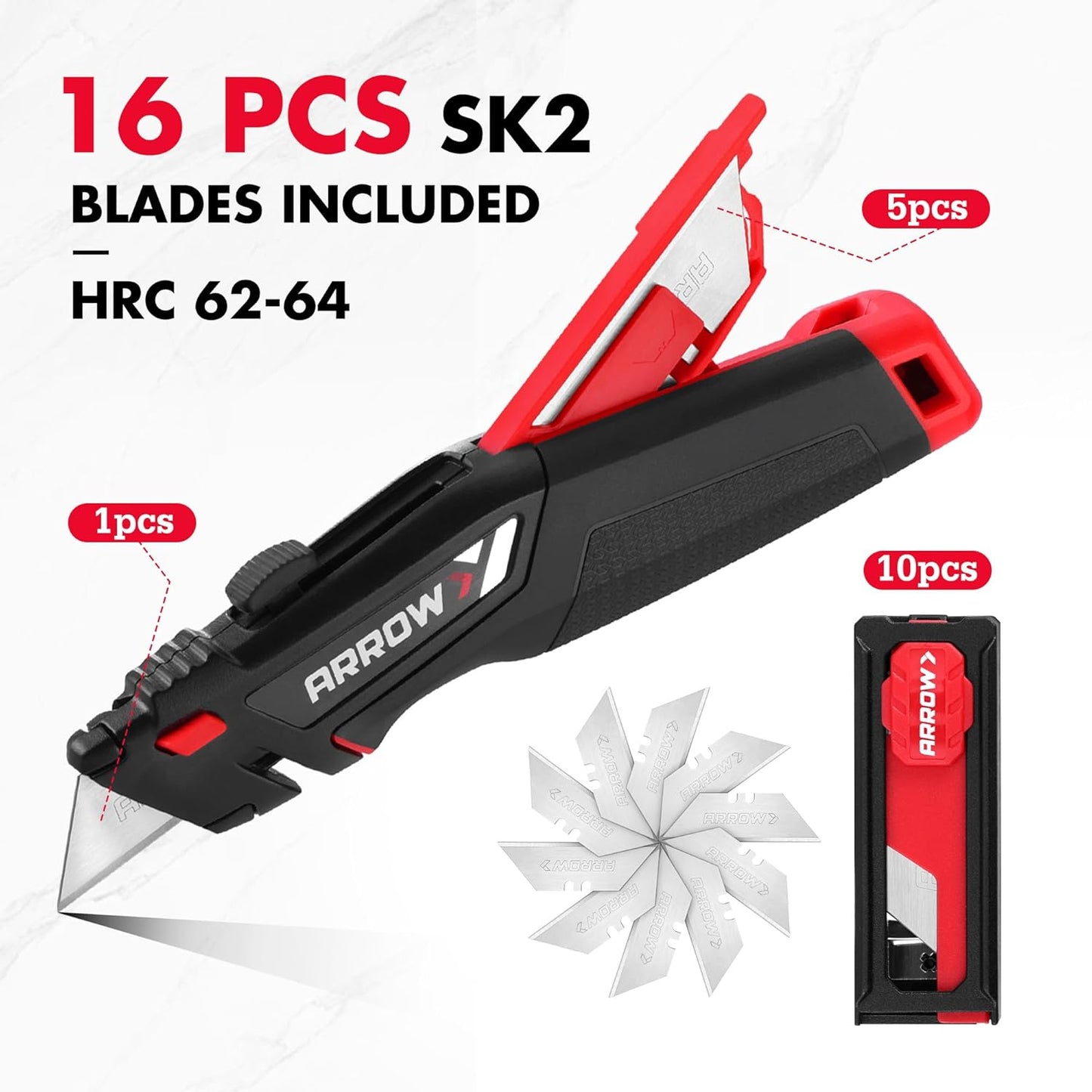 ARROW Retractable Utility Knife, Quick Change Box Cutter with 15 Blades | Blade Storage Design, Twine Cutter, Aluminum Body, TPE Grip, Heavy Duty Razor Knife, Shipping, DIY, Crafts