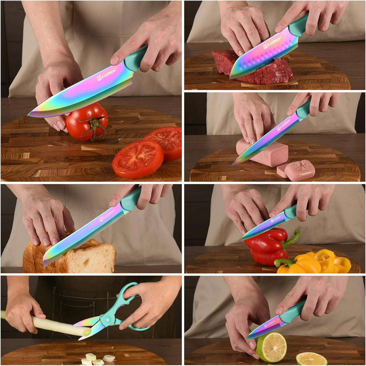 Kitchen Knife Set with Guards, 13 Piece Rainbow Titanium Coated Stainless Steel Boxed Knives Set, Anti-Rust and Dishwasher Safe, 6 Knives with 6 Blade Covers and Kitchen Shears