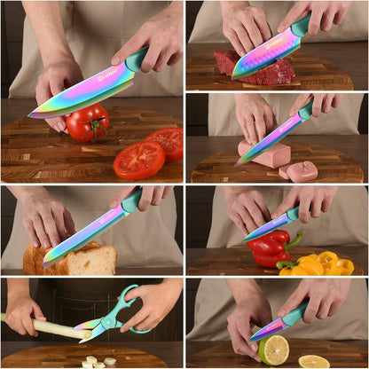Kitchen Knife Set with Guards, 13 Piece Rainbow Titanium Coated Stainless Steel Boxed Knives Set, Anti-Rust and Dishwasher Safe, 6 Knives with 6 Blade Covers and Kitchen Shears