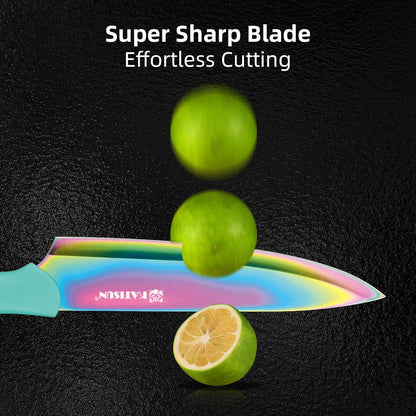 Kitchen Knife Set with Guards, 13 Piece Rainbow Titanium Coated Stainless Steel Boxed Knives Set, Anti-Rust and Dishwasher Safe, 6 Knives with 6 Blade Covers and Kitchen Shears
