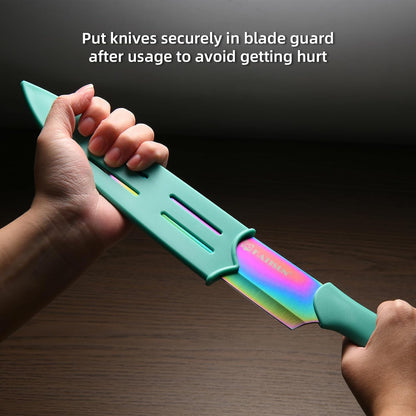 Kitchen Knife Set with Guards, 13 Piece Rainbow Titanium Coated Stainless Steel Boxed Knives Set, Anti-Rust and Dishwasher Safe, 6 Knives with 6 Blade Covers and Kitchen Shears