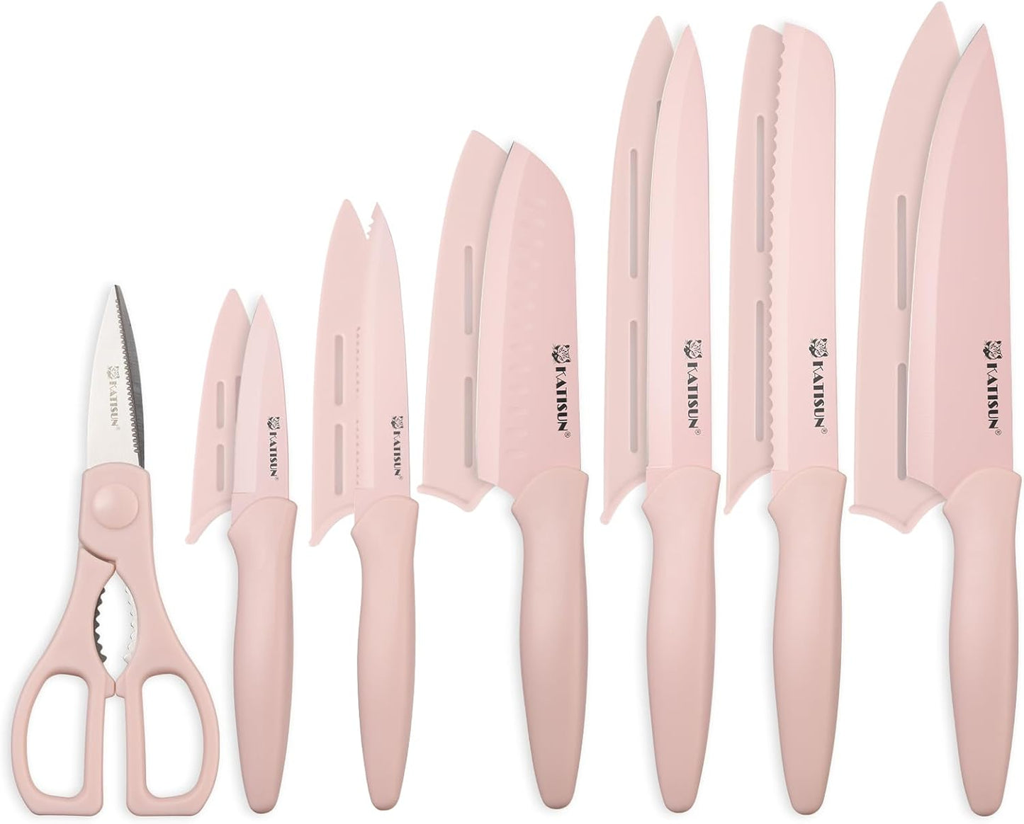 Kitchen Knife Set with Guards, 13 Piece Rainbow Titanium Coated Stainless Steel Boxed Knives Set, Anti-Rust and Dishwasher Safe, 6 Knives with 6 Blade Covers and Kitchen Shears