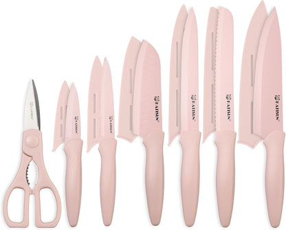 Kitchen Knife Set with Guards, 13 Piece Rainbow Titanium Coated Stainless Steel Boxed Knives Set, Anti-Rust and Dishwasher Safe, 6 Knives with 6 Blade Covers and Kitchen Shears