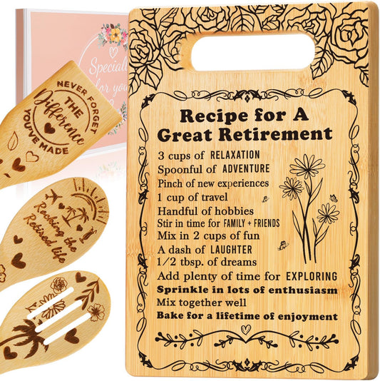 Retirement Gift for Woman 2026,Cutting Board Set Retrement Gift for Teacher | Recipe for a Great Retirement,Leaving Going Away Farewell Gifts for Retired Colleague Leader Nurse Friend Coworker