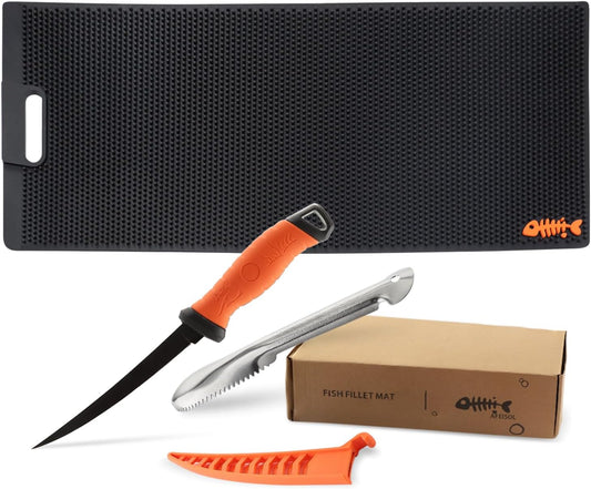 32 Inch Non Slip Fish Fillet Mat with 7 inch Fillet Knife and Fish Scaler | Heavy Duty Rollable Fish Bait Cutting Board Large Size Fish Cleaning Mat with 7 inch Fillet Knife and Fish Scaler