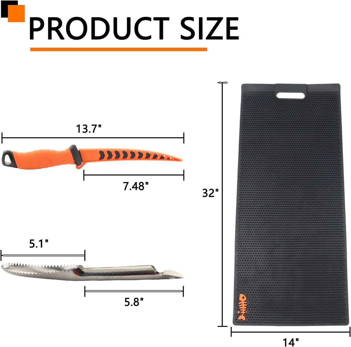 32 Inch Non Slip Fish Fillet Mat with 7 inch Fillet Knife and Fish Scaler | Heavy Duty Rollable Fish Bait Cutting Board Large Size Fish Cleaning Mat with 7 inch Fillet Knife and Fish Scaler