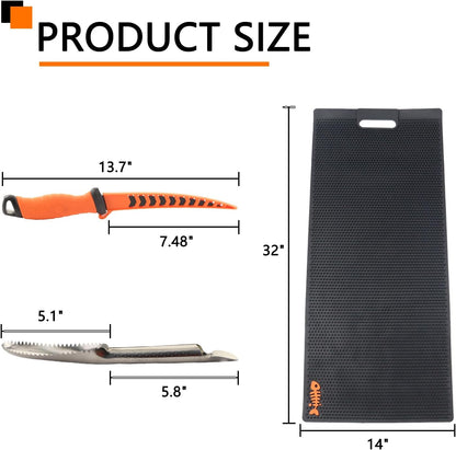 32 Inch Non Slip Fish Fillet Mat with 7 inch Fillet Knife and Fish Scaler | Heavy Duty Rollable Fish Bait Cutting Board Large Size Fish Cleaning Mat with 7 inch Fillet Knife and Fish Scaler