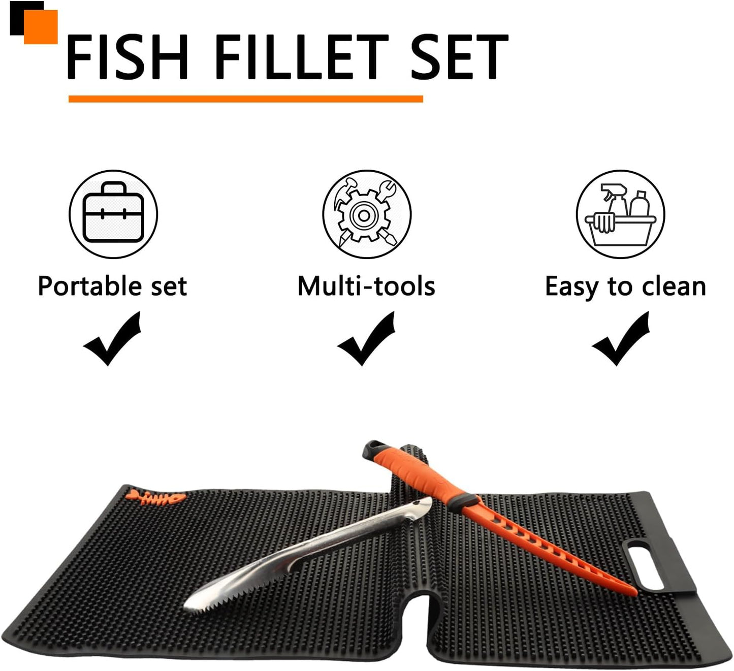 32 Inch Non Slip Fish Fillet Mat with 7 inch Fillet Knife and Fish Scaler | Heavy Duty Rollable Fish Bait Cutting Board Large Size Fish Cleaning Mat with 7 inch Fillet Knife and Fish Scaler