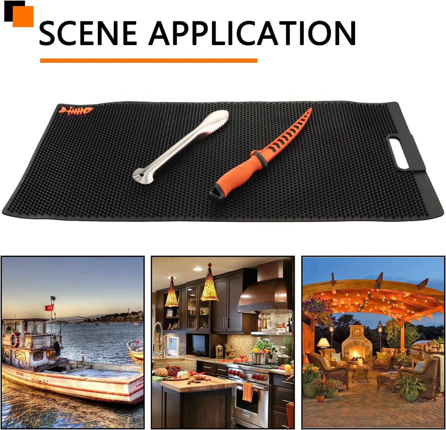 32 Inch Non Slip Fish Fillet Mat with 7 inch Fillet Knife and Fish Scaler | Heavy Duty Rollable Fish Bait Cutting Board Large Size Fish Cleaning Mat with 7 inch Fillet Knife and Fish Scaler