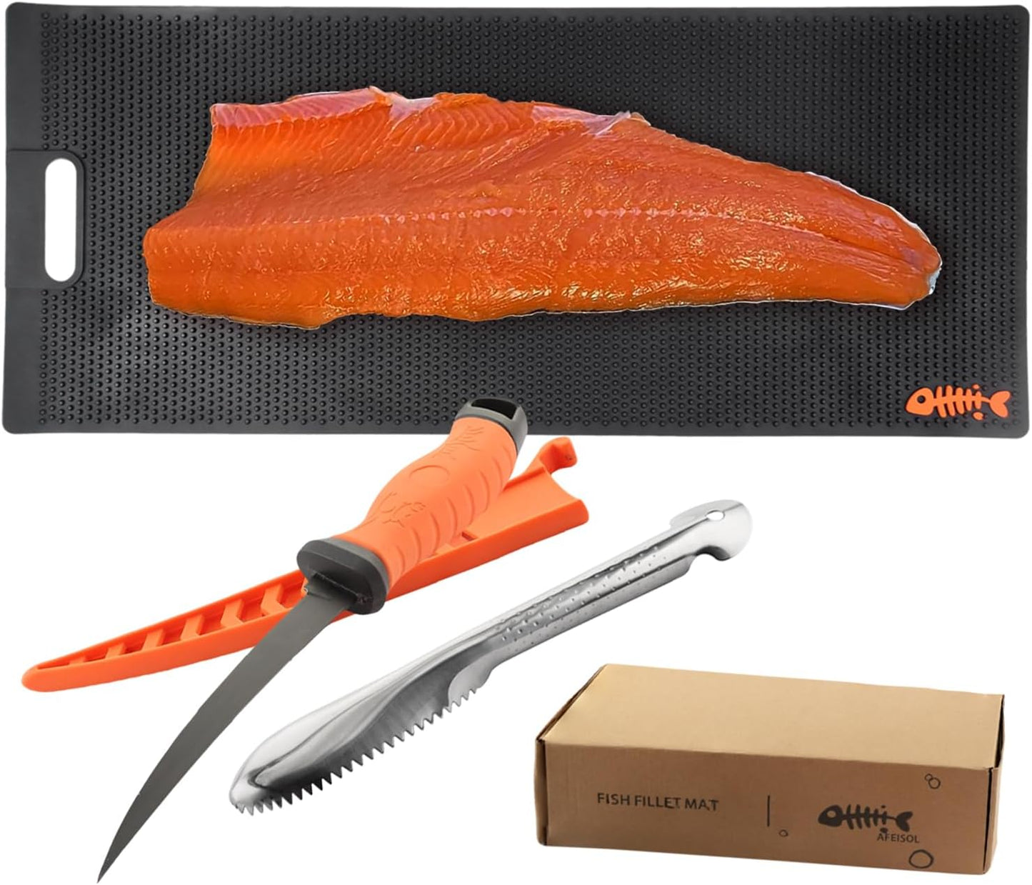 32 Inch Non Slip Fish Fillet Mat with 7 inch Fillet Knife and Fish Scaler | Heavy Duty Rollable Fish Bait Cutting Board Large Size Fish Cleaning Mat with 7 inch Fillet Knife and Fish Scaler