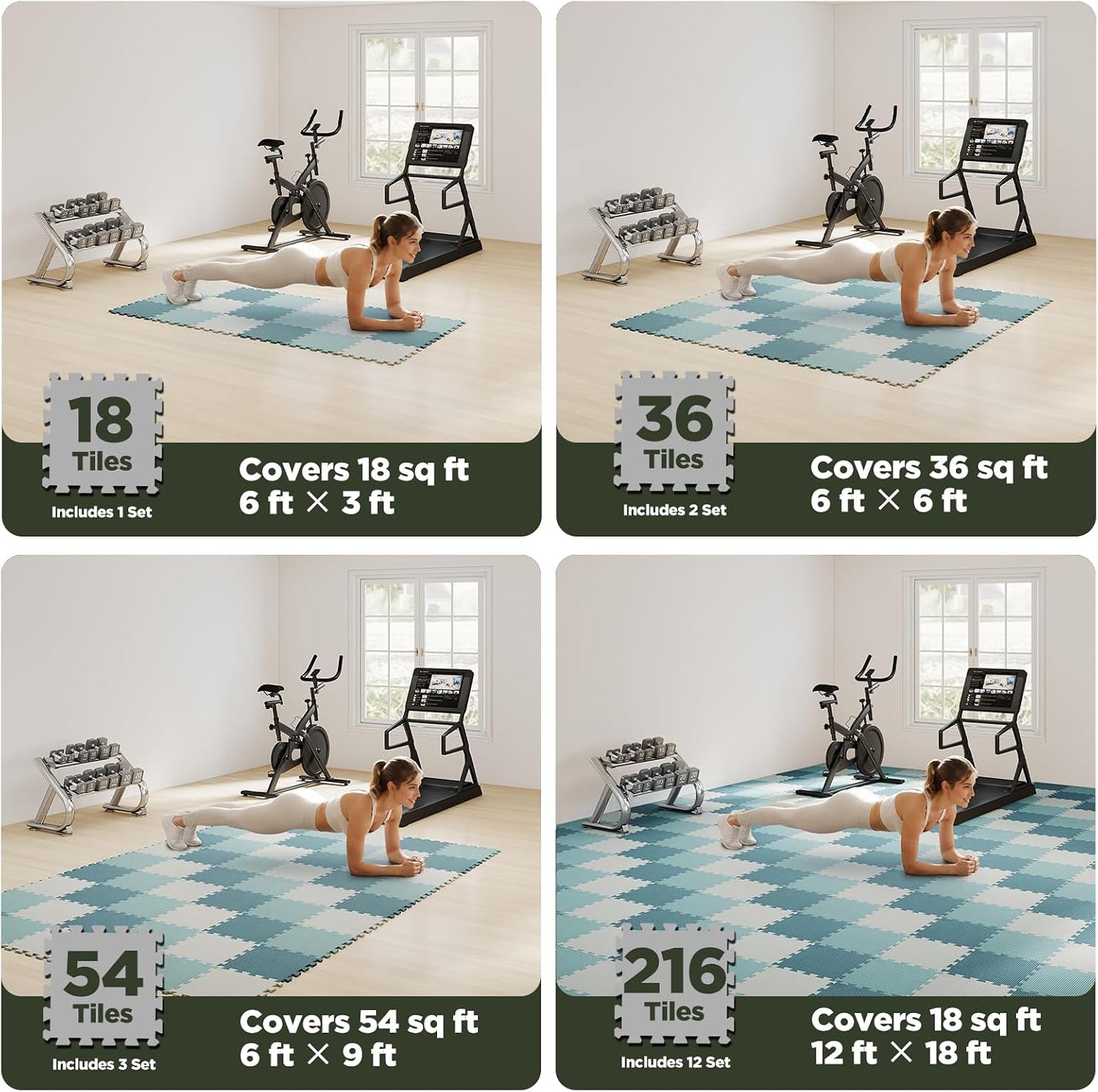 18 PCS Gym Floor Mat, EVA Foam Puzzle Gym Mat, High-Density Interlocking Foam Floor Tiles for Home Gym, Play Workout Garage Kitchen Flooring 12.6"x12.6"x0.4"