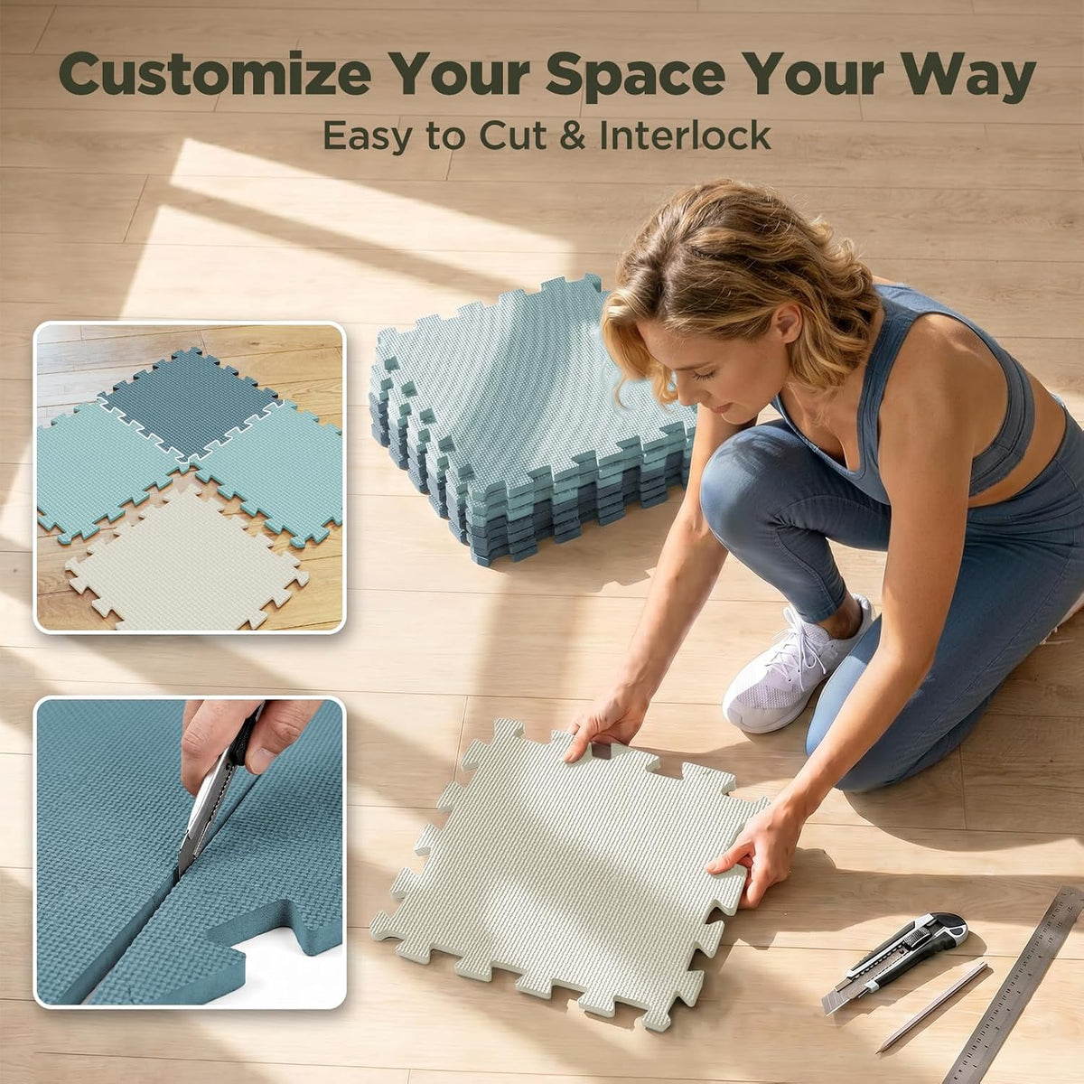 18 PCS Gym Floor Mat, EVA Foam Puzzle Gym Mat, High-Density Interlocking Foam Floor Tiles for Home Gym, Play Workout Garage Kitchen Flooring 12.6"x12.6"x0.4"