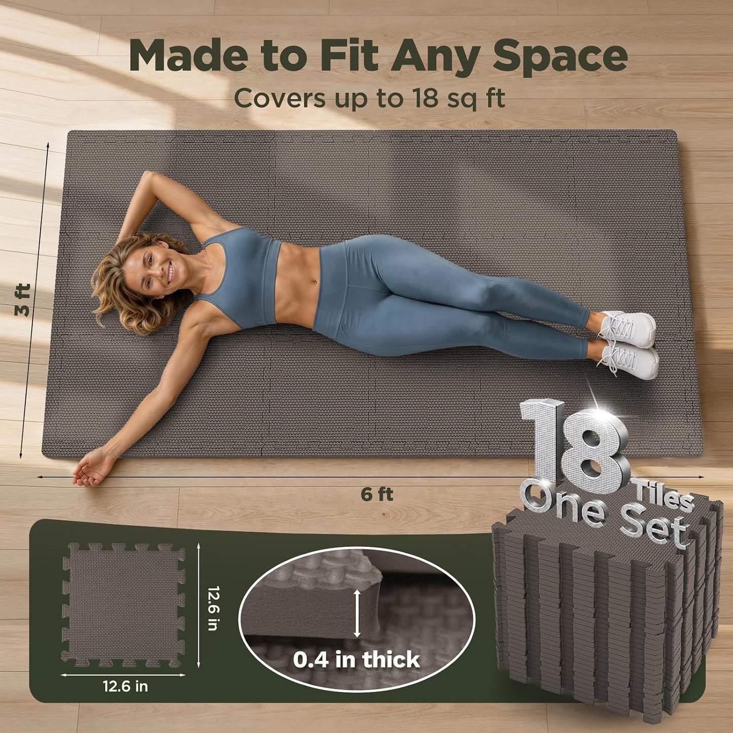 18 PCS Gym Floor Mat, EVA Foam Puzzle Gym Mat, High-Density Interlocking Foam Floor Tiles for Home Gym, Play Workout Garage Kitchen Flooring 12.6"x12.6"x0.4"