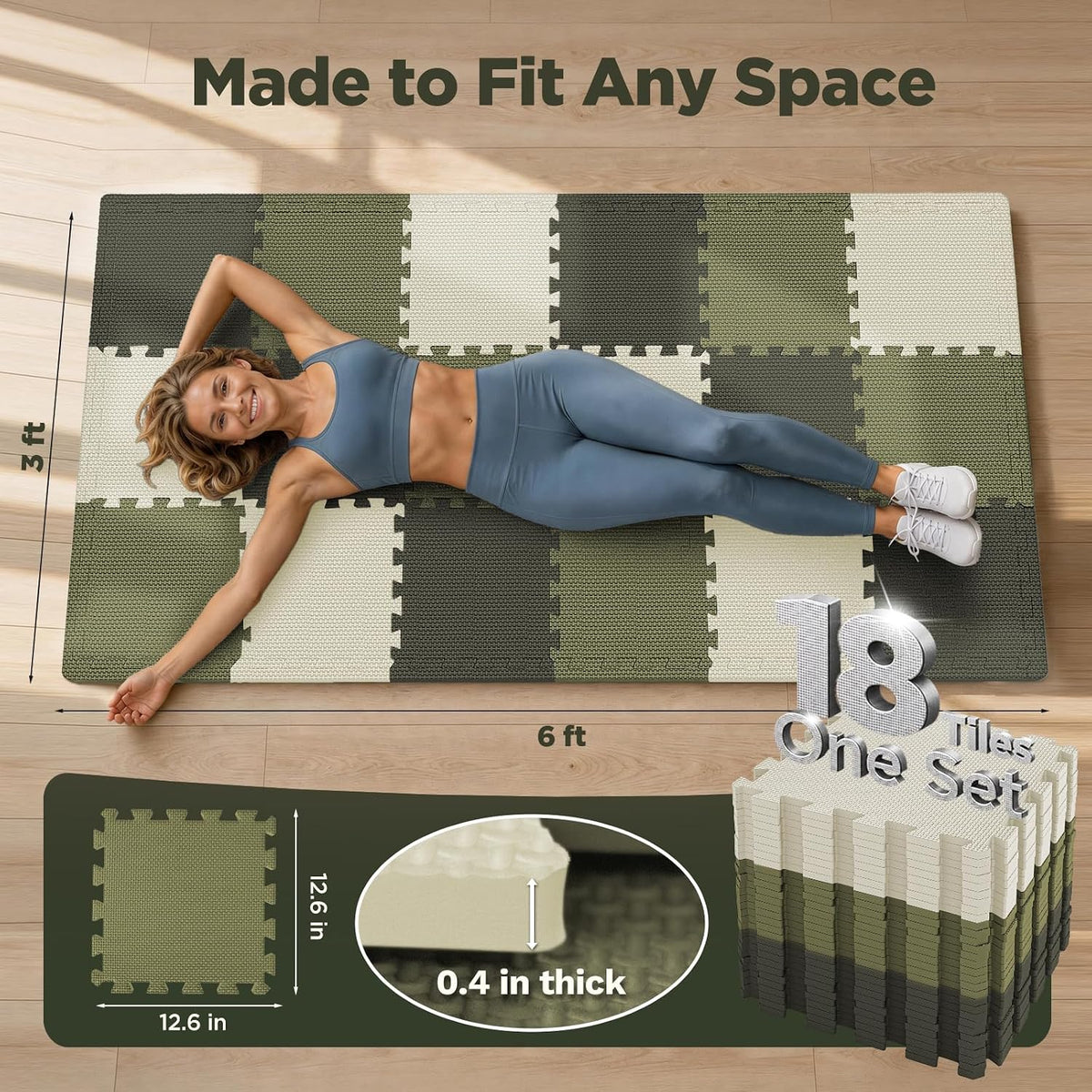 18 PCS Gym Floor Mat, EVA Foam Puzzle Gym Mat, High-Density Interlocking Foam Floor Tiles for Home Gym, Play Workout Garage Kitchen Flooring 12.6"x12.6"x0.4"