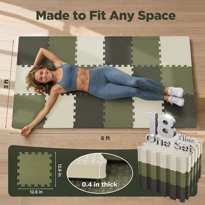18 PCS Gym Floor Mat, EVA Foam Puzzle Gym Mat, High-Density Interlocking Foam Floor Tiles for Home Gym, Play Workout Garage Kitchen Flooring 12.6"x12.6"x0.4"