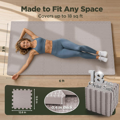 18 PCS Gym Floor Mat, EVA Foam Puzzle Gym Mat, High-Density Interlocking Foam Floor Tiles for Home Gym, Play Workout Garage Kitchen Flooring 12.6"x12.6"x0.4"