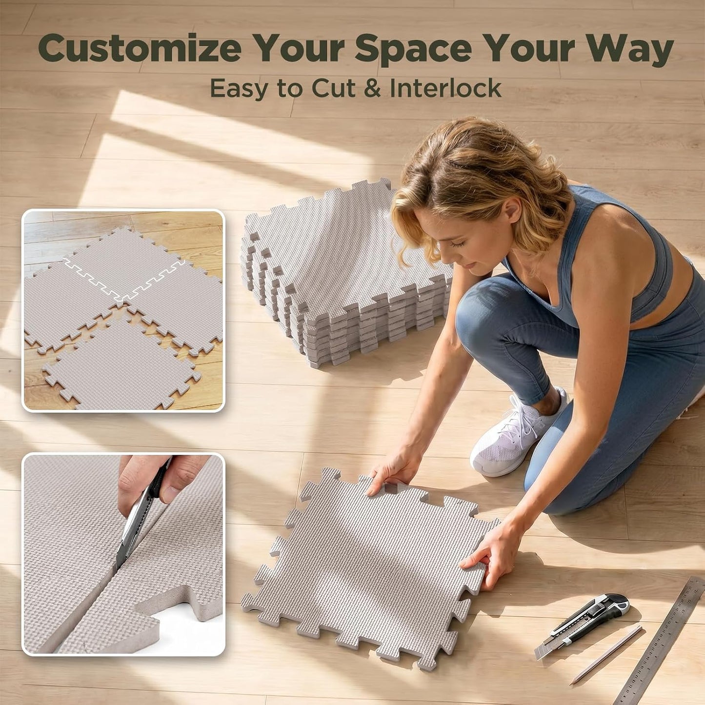 18 PCS Gym Floor Mat, EVA Foam Puzzle Gym Mat, High-Density Interlocking Foam Floor Tiles for Home Gym, Play Workout Garage Kitchen Flooring 12.6"x12.6"x0.4"