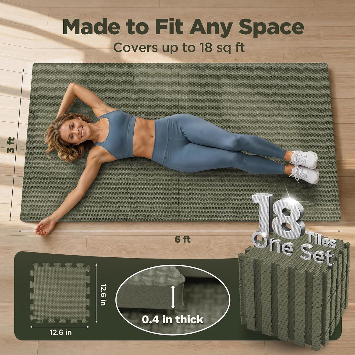 18 PCS Gym Floor Mat, EVA Foam Puzzle Gym Mat, High-Density Interlocking Foam Floor Tiles for Home Gym, Play Workout Garage Kitchen Flooring 12.6"x12.6"x0.4"