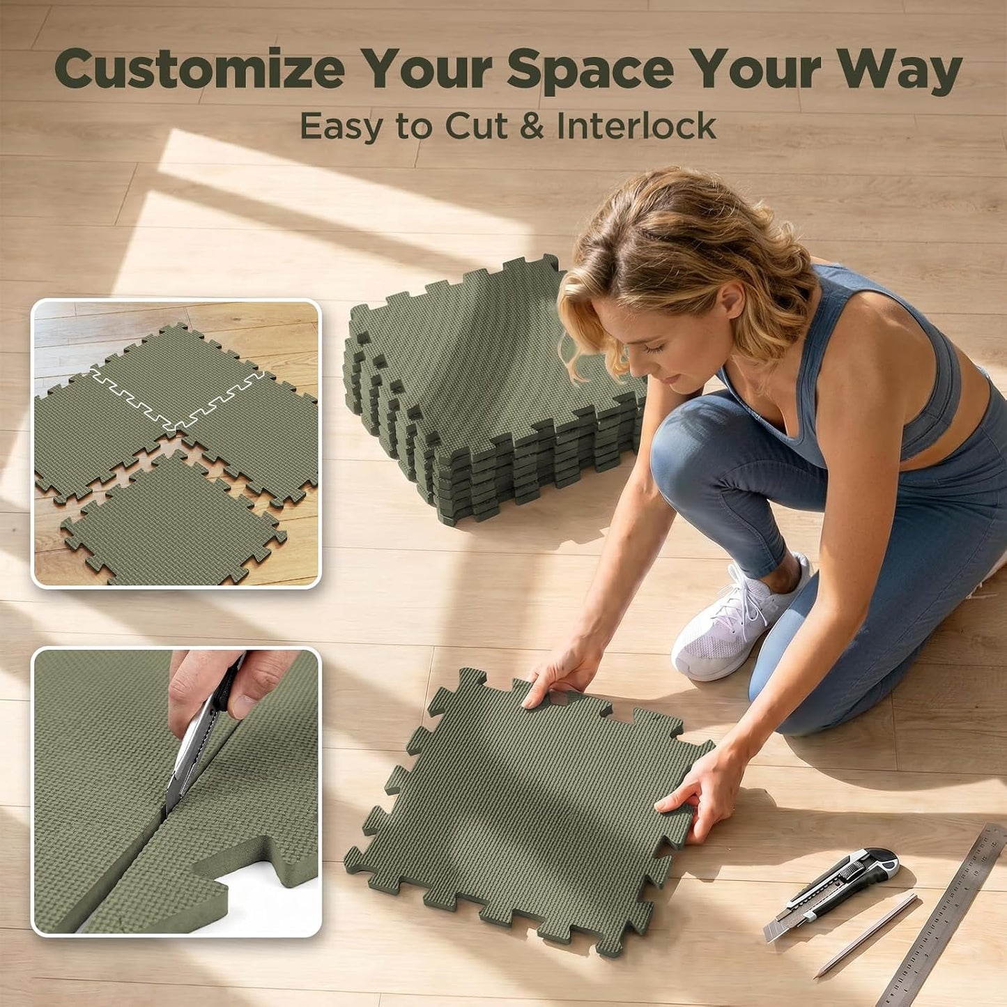 18 PCS Gym Floor Mat, EVA Foam Puzzle Gym Mat, High-Density Interlocking Foam Floor Tiles for Home Gym, Play Workout Garage Kitchen Flooring 12.6"x12.6"x0.4"