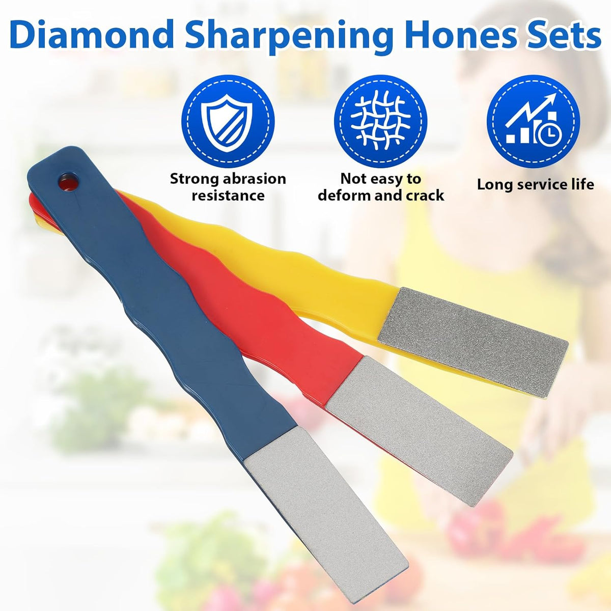 3 PCS Diamond Sharpening Stones Set, 3 Grits 220 400 600, Color Coded Flat Hand File Knife Sharpener for Kitchen, Outdoor, Hunting Tools