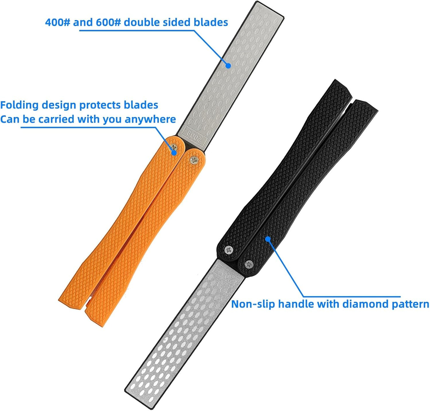 Knife Sharpener – Orange/Black Pocket Portable Diamond Sharpening Stone, Two-sided 400/600 Grit, Folding Design for Outdoor and Home Use, Comes with a Blue Diamond Polishing Rod (Orange)