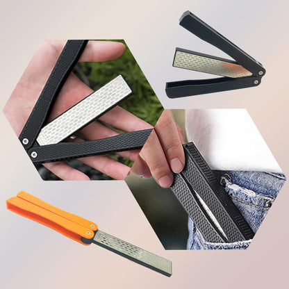 Knife Sharpener – Orange/Black Pocket Portable Diamond Sharpening Stone, Two-sided 400/600 Grit, Folding Design for Outdoor and Home Use, Comes with a Blue Diamond Polishing Rod (Orange)