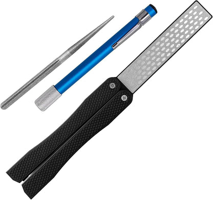 Knife Sharpener – Orange/Black Pocket Portable Diamond Sharpening Stone, Two-sided 400/600 Grit, Folding Design for Outdoor and Home Use, Comes with a Blue Diamond Polishing Rod (Orange)
