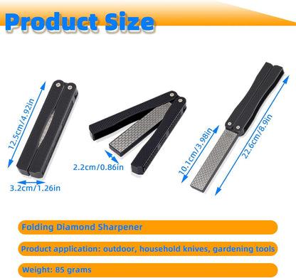 Knife Sharpener – Orange/Black Pocket Portable Diamond Sharpening Stone, Two-sided 400/600 Grit, Folding Design for Outdoor and Home Use, Comes with a Blue Diamond Polishing Rod (Orange)