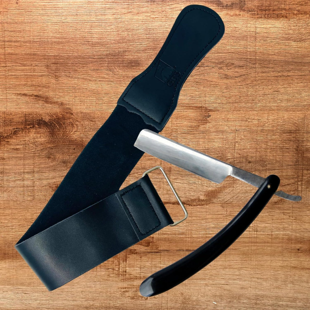 G.B.S Black Leather Razor Strop – Handmade Grain Leather Strop with Strop Paste – Professional Honing & Sharpening Strop for Straight Razors, Knives, Chisels & Tools