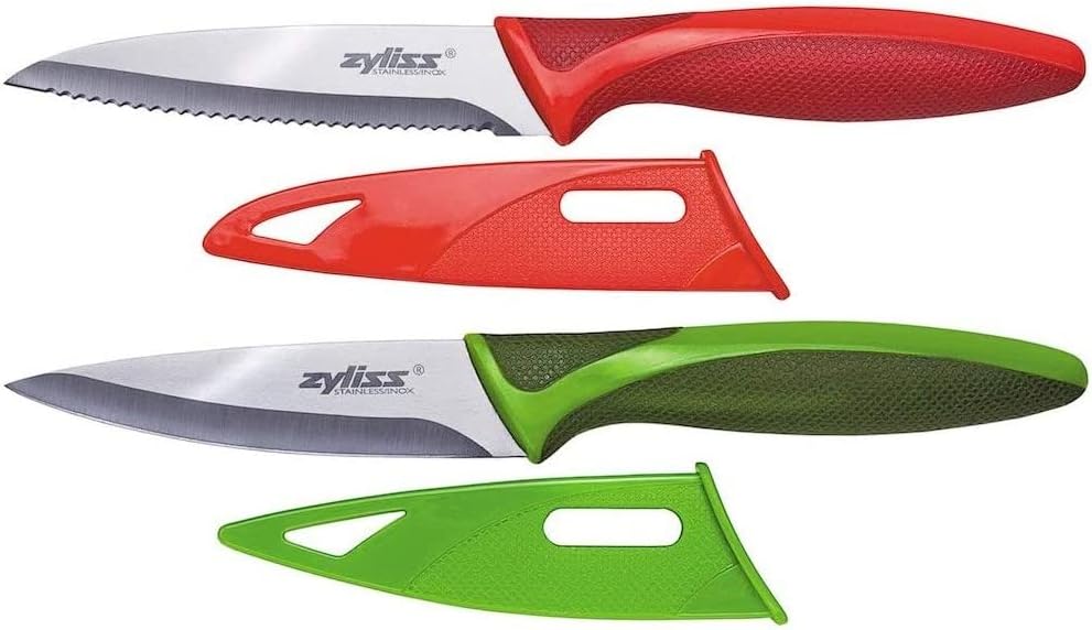 Classic Paring Knife Set with Sheath Cover - Precision Knives for Cutting, Slicing & Peeling - Small Culinary 3 ¼” Paring Knife & 3 ¾” Serrated Knives - Carbon Stainless Steel Blade - Red/Green