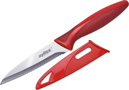 Classic Paring Knife Set with Sheath Cover - Precision Knives for Cutting, Slicing & Peeling - Small Culinary 3 ¼” Paring Knife & 3 ¾” Serrated Knives - Carbon Stainless Steel Blade - Red/Green