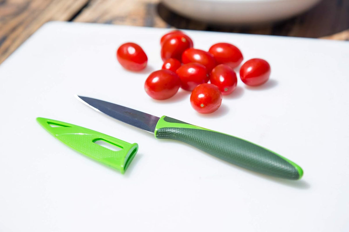 Classic Paring Knife Set with Sheath Cover - Precision Knives for Cutting, Slicing & Peeling - Small Culinary 3 ¼” Paring Knife & 3 ¾” Serrated Knives - Carbon Stainless Steel Blade - Red/Green