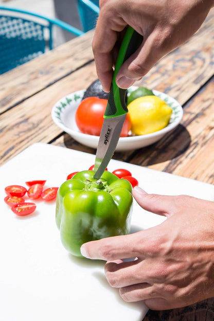Classic Paring Knife Set with Sheath Cover - Precision Knives for Cutting, Slicing & Peeling - Small Culinary 3 ¼” Paring Knife & 3 ¾” Serrated Knives - Carbon Stainless Steel Blade - Red/Green