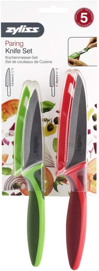 Classic Paring Knife Set with Sheath Cover - Precision Knives for Cutting, Slicing & Peeling - Small Culinary 3 ¼” Paring Knife & 3 ¾” Serrated Knives - Carbon Stainless Steel Blade - Red/Green