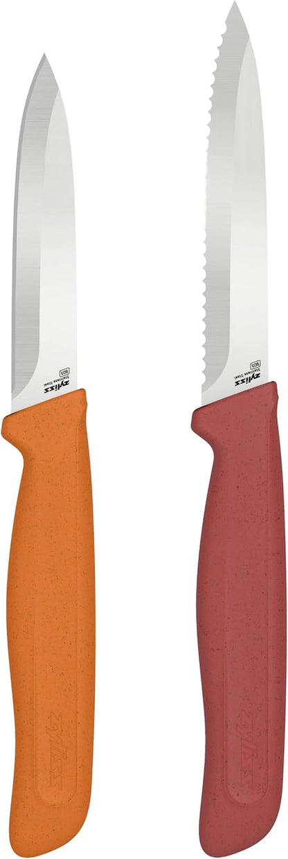 Classic Paring Knife Set with Sheath Cover - Precision Knives for Cutting, Slicing & Peeling - Small Culinary 3 ¼” Paring Knife & 3 ¾” Serrated Knives - Carbon Stainless Steel Blade - Red/Green