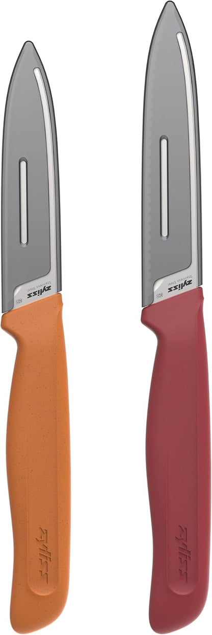 Classic Paring Knife Set with Sheath Cover - Precision Knives for Cutting, Slicing & Peeling - Small Culinary 3 ¼” Paring Knife & 3 ¾” Serrated Knives - Carbon Stainless Steel Blade - Red/Green