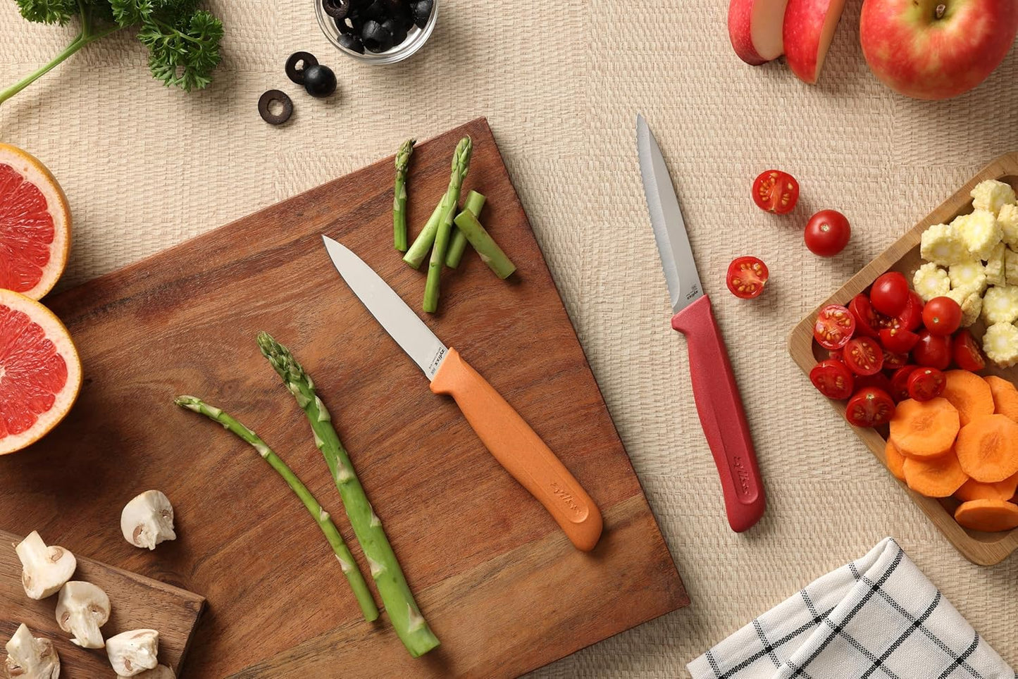 Classic Paring Knife Set with Sheath Cover - Precision Knives for Cutting, Slicing & Peeling - Small Culinary 3 ¼” Paring Knife & 3 ¾” Serrated Knives - Carbon Stainless Steel Blade - Red/Green