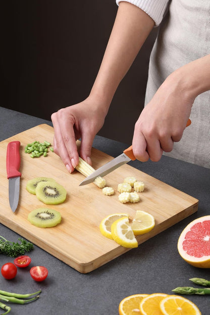 Classic Paring Knife Set with Sheath Cover - Precision Knives for Cutting, Slicing & Peeling - Small Culinary 3 ¼” Paring Knife & 3 ¾” Serrated Knives - Carbon Stainless Steel Blade - Red/Green