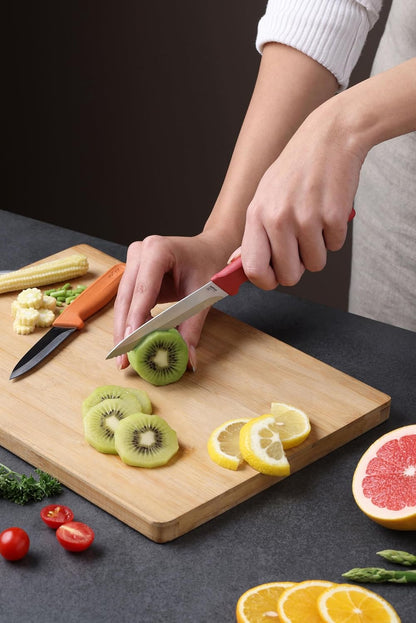 Classic Paring Knife Set with Sheath Cover - Precision Knives for Cutting, Slicing & Peeling - Small Culinary 3 ¼” Paring Knife & 3 ¾” Serrated Knives - Carbon Stainless Steel Blade - Red/Green