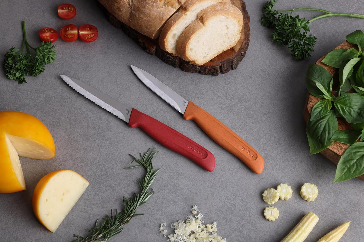 Classic Paring Knife Set with Sheath Cover - Precision Knives for Cutting, Slicing & Peeling - Small Culinary 3 ¼” Paring Knife & 3 ¾” Serrated Knives - Carbon Stainless Steel Blade - Red/Green