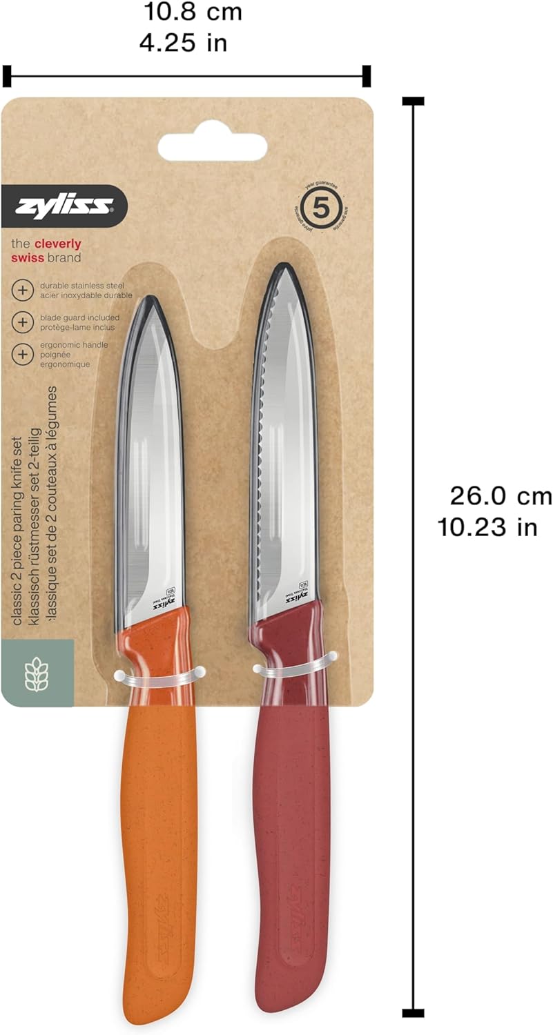 Classic Paring Knife Set with Sheath Cover - Precision Knives for Cutting, Slicing & Peeling - Small Culinary 3 ¼” Paring Knife & 3 ¾” Serrated Knives - Carbon Stainless Steel Blade - Red/Green