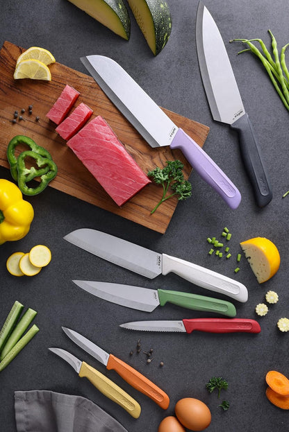 Classic Paring Knife Set with Sheath Cover - Precision Knives for Cutting, Slicing & Peeling - Small Culinary 3 ¼” Paring Knife & 3 ¾” Serrated Knives - Carbon Stainless Steel Blade - Red/Green