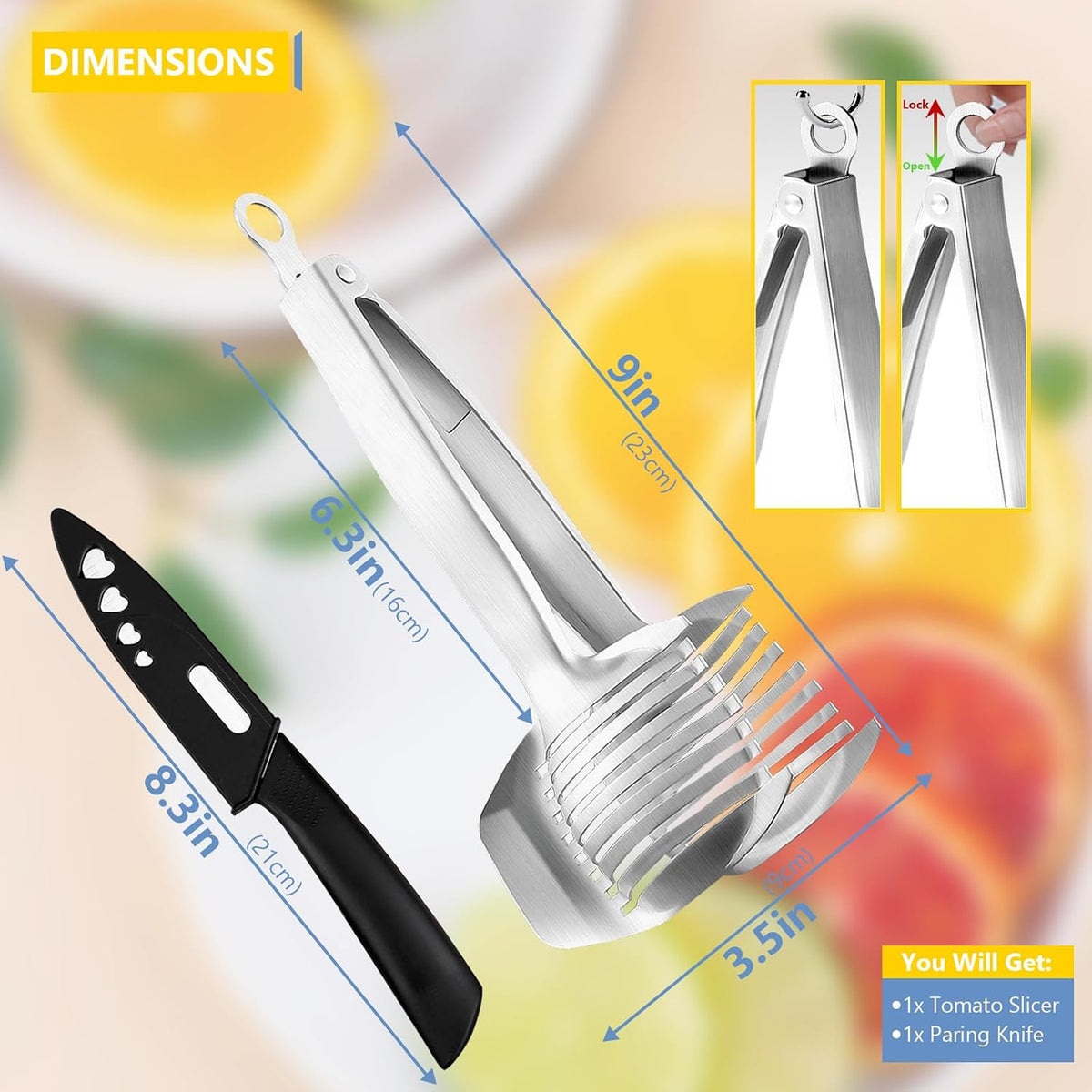 Tomato Slicer Holder with Paring Knife Set, Stainless Steel Lemon Slicer Cutter for Slicing, Onion Holder for Slicing, Vegetable Cutter for Tomato, Lemon