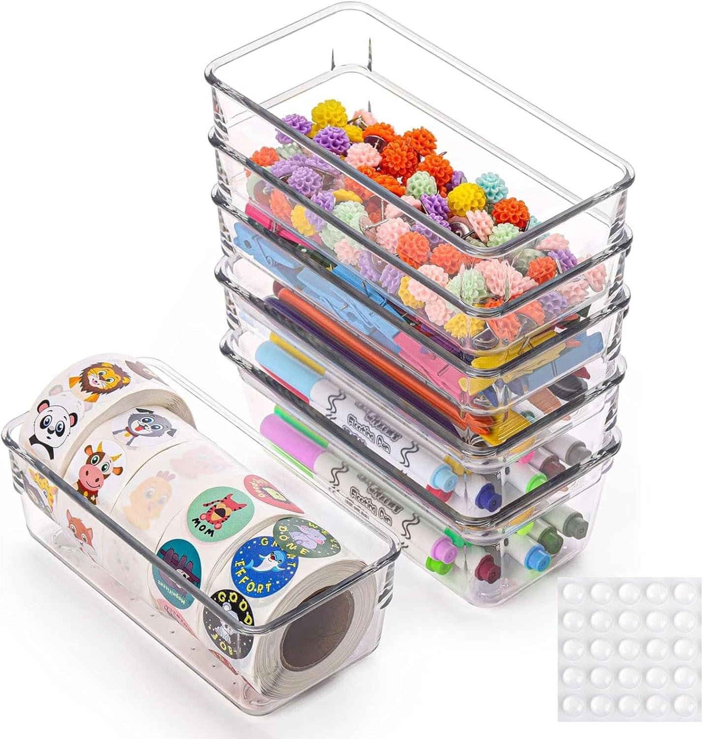 6 Pcs Large Clear Plastic Drawer Organizers Tray 15" x 6.3" Storage Bins with 25 Pcs Non-Slip Pads for Makeup, Jewelries, Kitchen Utensils, Bathroom and Office