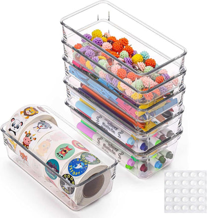 6 Pcs Large Clear Plastic Drawer Organizers Tray 15" x 6.3" Storage Bins with 25 Pcs Non-Slip Pads for Makeup, Jewelries, Kitchen Utensils, Bathroom and Office