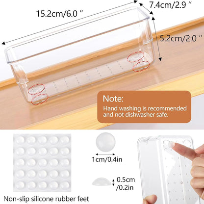 6 Pcs Large Clear Plastic Drawer Organizers Tray 15" x 6.3" Storage Bins with 25 Pcs Non-Slip Pads for Makeup, Jewelries, Kitchen Utensils, Bathroom and Office