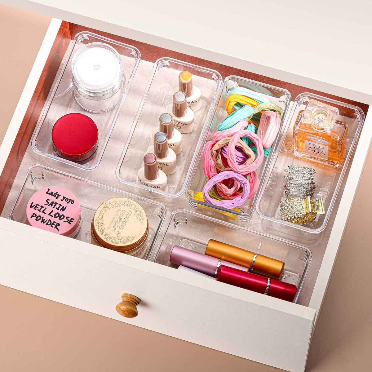 6 Pcs Large Clear Plastic Drawer Organizers Tray 15" x 6.3" Storage Bins with 25 Pcs Non-Slip Pads for Makeup, Jewelries, Kitchen Utensils, Bathroom and Office