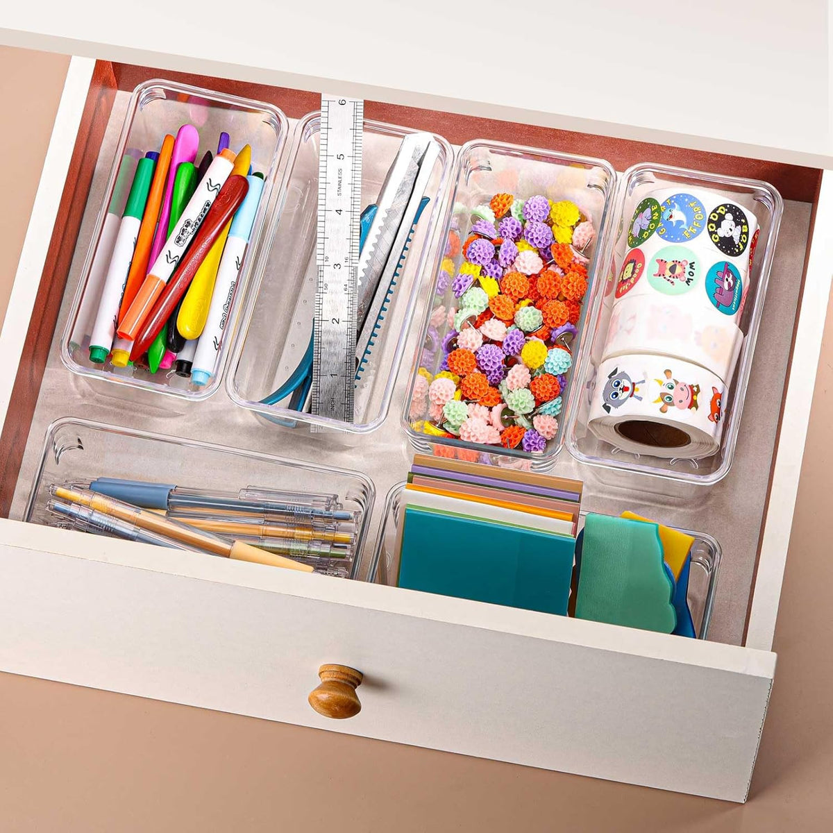 6 Pcs Large Clear Plastic Drawer Organizers Tray 15" x 6.3" Storage Bins with 25 Pcs Non-Slip Pads for Makeup, Jewelries, Kitchen Utensils, Bathroom and Office