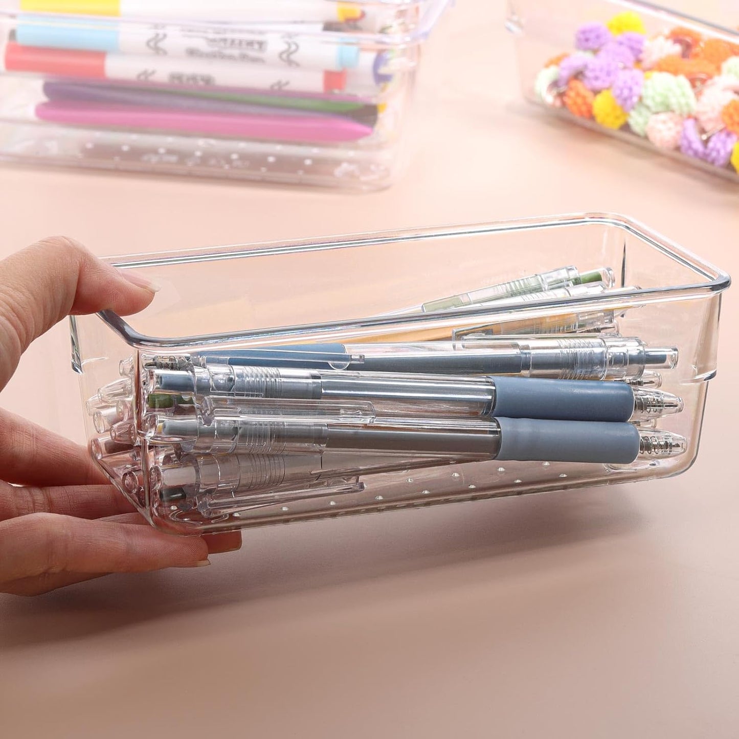 6 Pcs Large Clear Plastic Drawer Organizers Tray 15" x 6.3" Storage Bins with 25 Pcs Non-Slip Pads for Makeup, Jewelries, Kitchen Utensils, Bathroom and Office